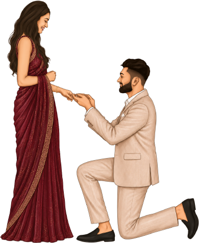 Illustration of Allen kneeling to place a ring on Merolina's hand